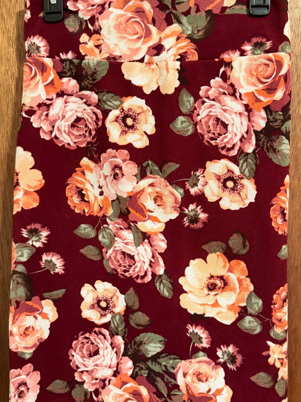Stretch Floral Pencil Skirt in Burgundy with Peach Blooms